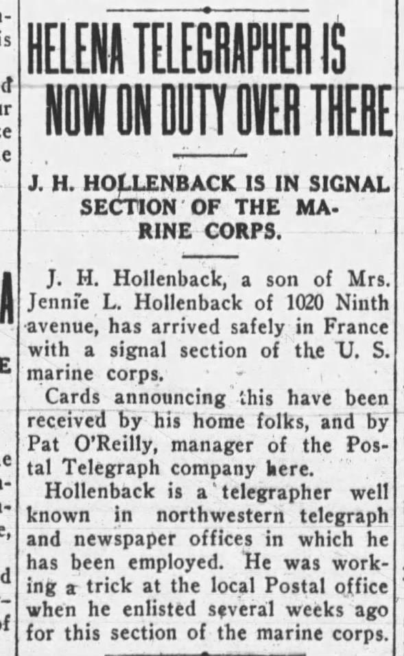 Joseph Hollenback of Helena, son of Adam, in Marine Corps